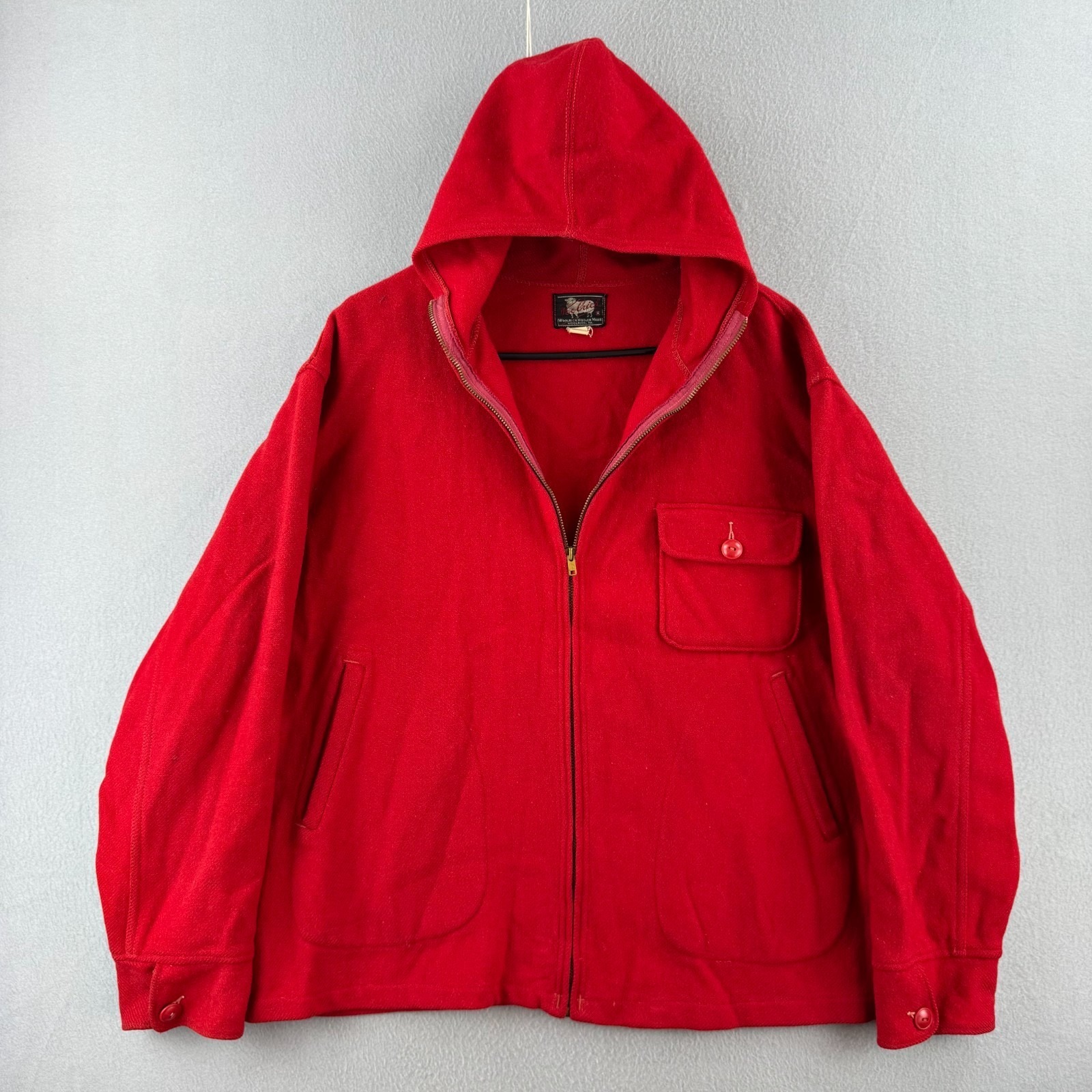 Vintage 40s 50s Woolrich Jacket Mens Large 25x26 Red Wool Hoodie Zip D Pocket